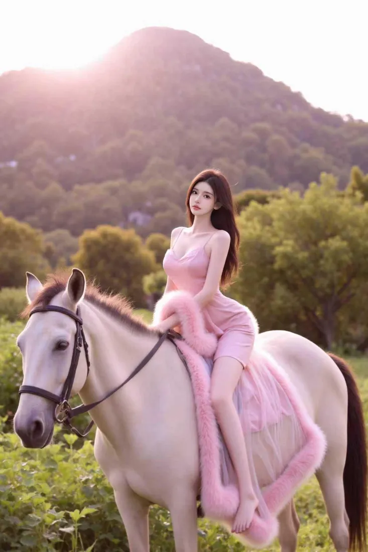 粉裙美女手机壁纸｜白马背景图片 - 郊野户外「哲风壁纸」
