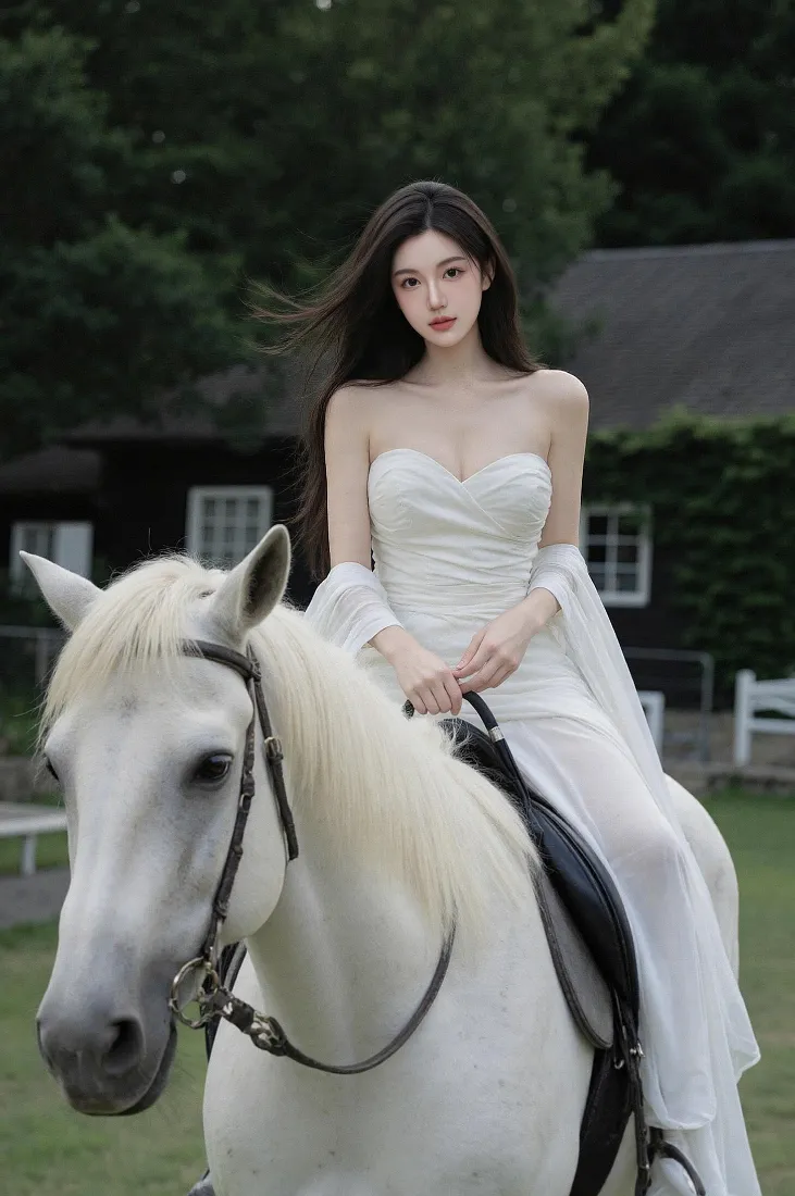 白衣美女手机壁纸｜白马背景图片 - 户外庄园写真「哲风壁纸」