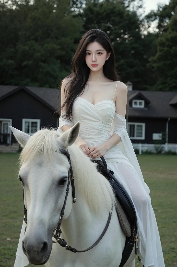 白马美女手机壁纸｜户外庄园背景图片 - 优雅白衣女神「哲风壁纸」
