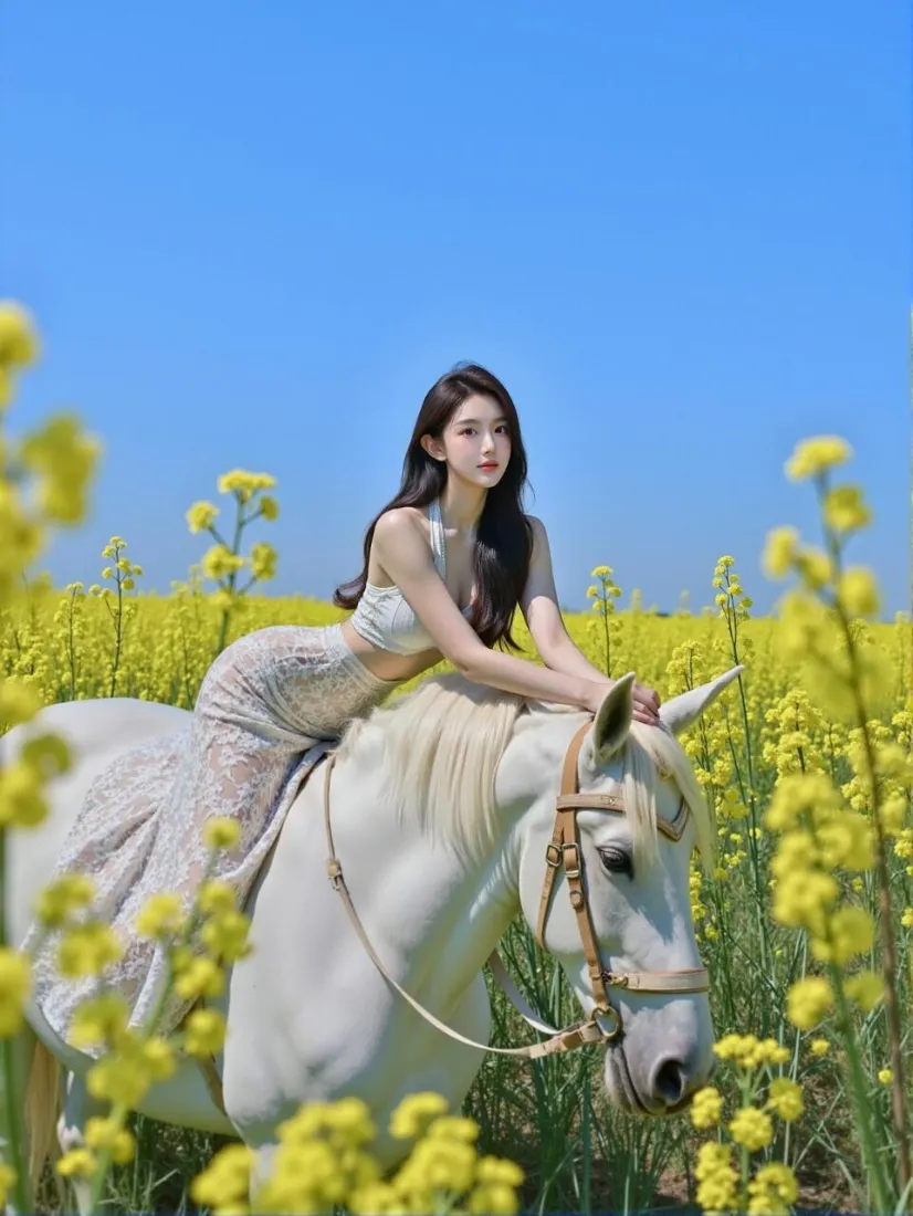 美女白马手机壁纸｜油菜花田背景图片 - 晴朗户外「哲风壁纸」