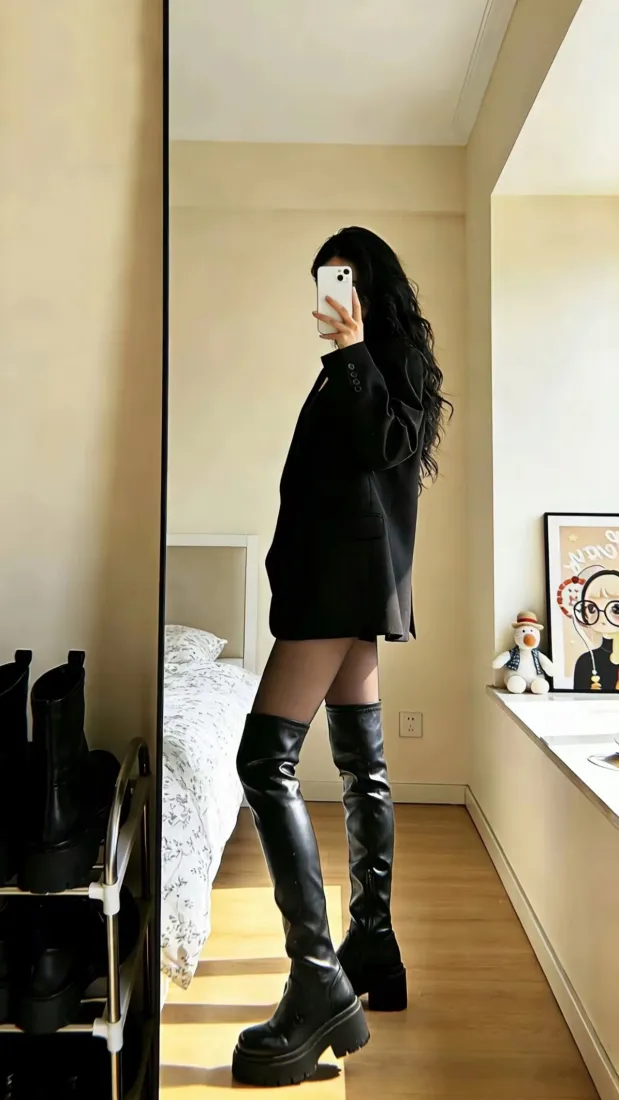 御姐手机壁纸｜室内背景图片 - 黑色过膝靴「哲风壁纸」