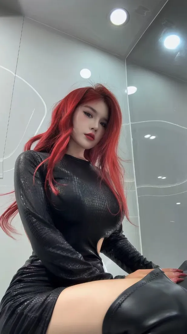 红发御姐手机壁纸｜黑色穿搭背景图片 - 过膝长靴「哲风壁纸」