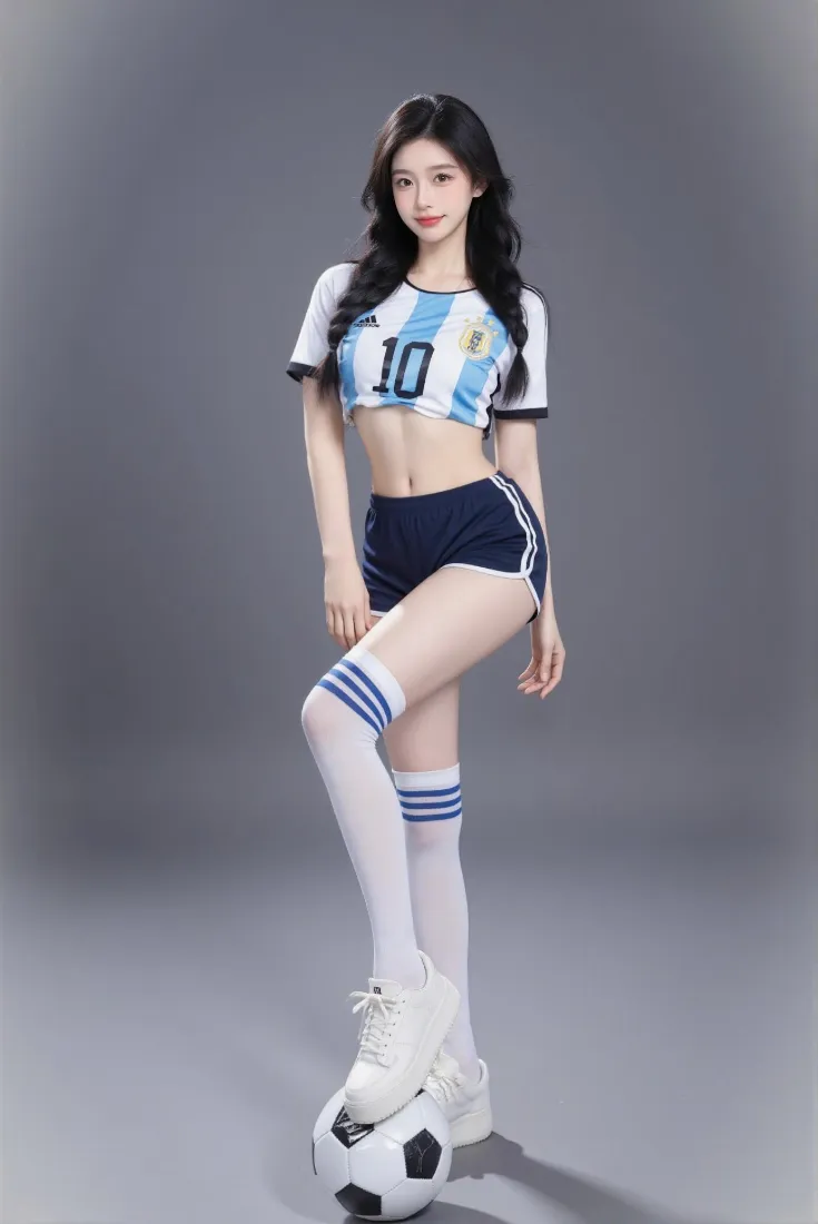 足球宝贝手机壁纸｜灰色背景图片 - 阿根廷球服美女「哲风壁纸」