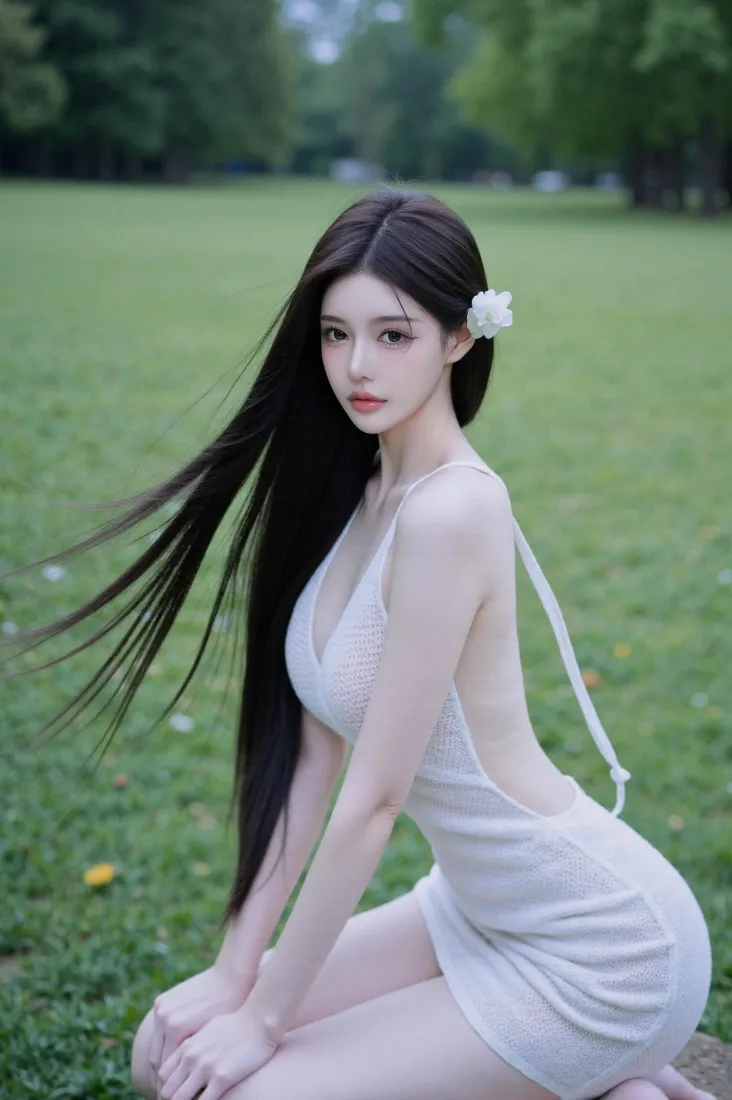 长发美女手机壁纸｜户外草地背景图片 - 清纯女神「哲风壁纸」