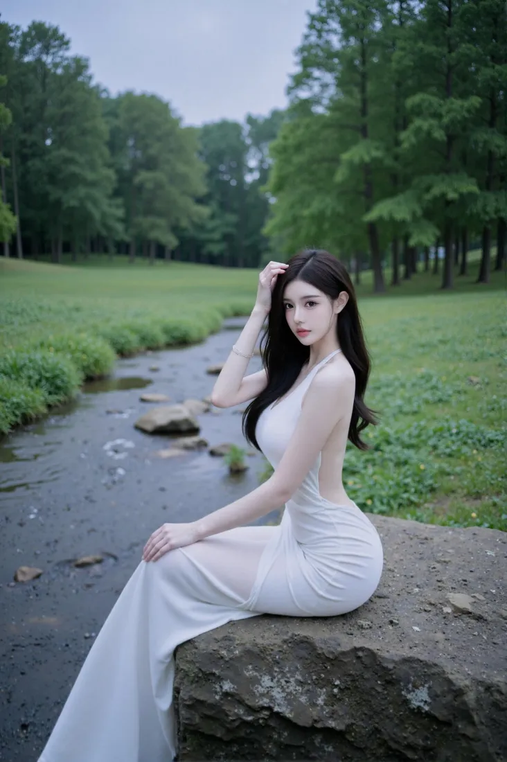 长发美女手机壁纸｜户外背景图片 - 溪边林间「哲风壁纸」