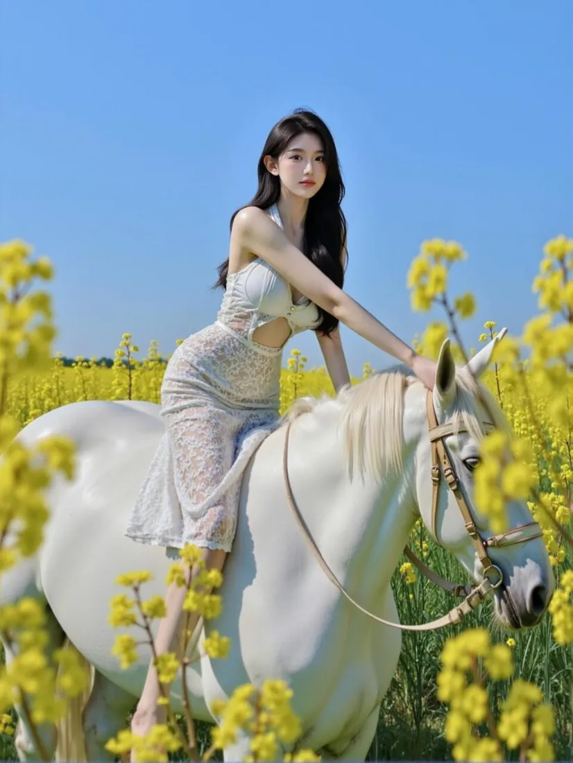 美女白马手机壁纸｜户外背景图片 - 油菜花田「哲风壁纸」