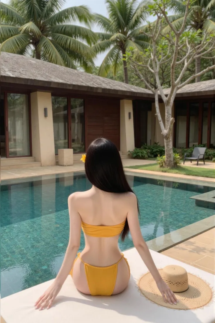黄色比基尼美女手机壁纸｜度假背景图片 - 私人泳池「哲风壁纸」