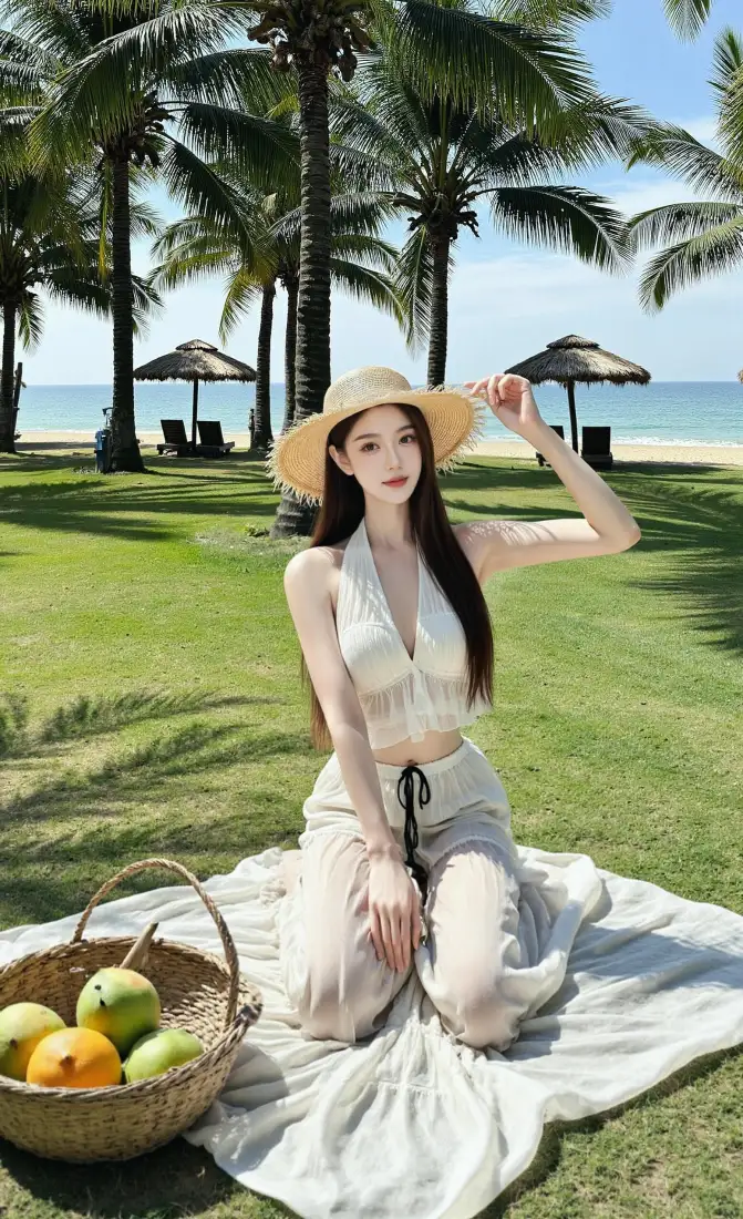 度假美女手机壁纸｜海边草地背景图片 - 休闲野餐「哲风壁纸」