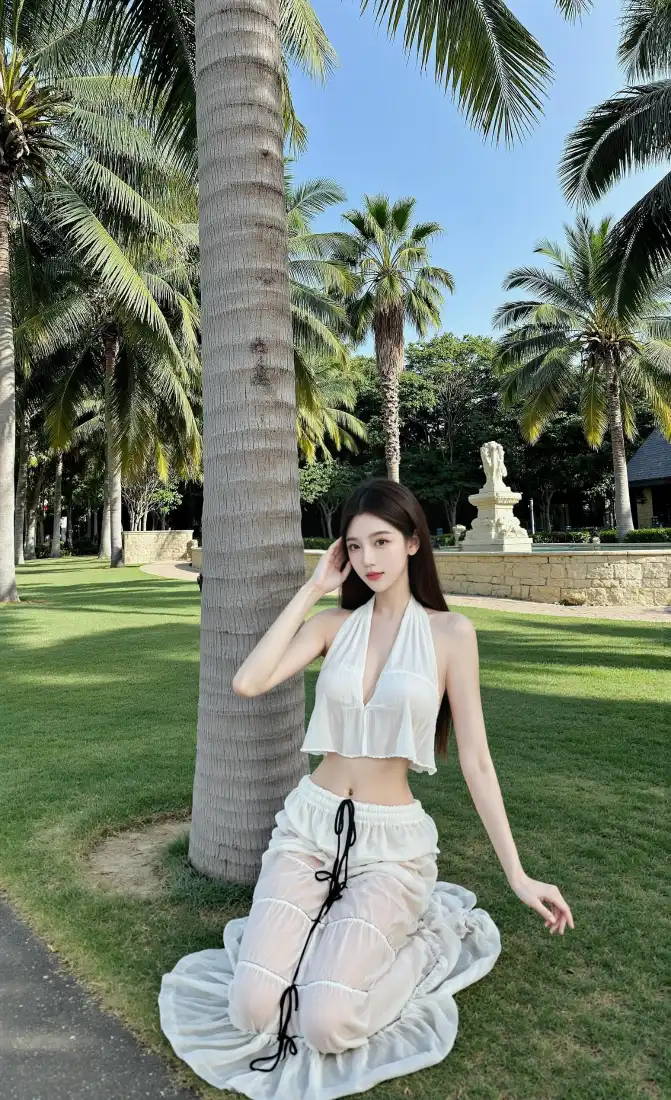 白衣美女手机壁纸｜户外背景图片 - 椰林度假「哲风壁纸」