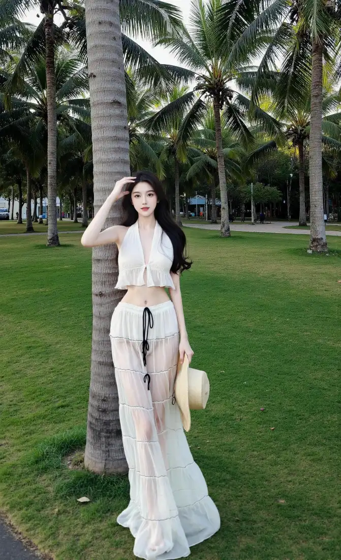 白衣气质美女手机壁纸｜户外度假背景图片 - 椰林草坪「哲风壁纸」