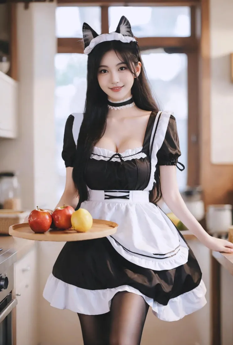 猫耳女仆手机壁纸｜厨房背景图片 - 黑丝美女「哲风壁纸」