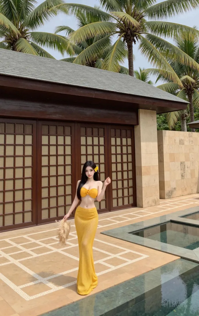 黄色穿搭美女手机壁纸｜度假背景图片 - 椰林泳池「哲风壁纸」
