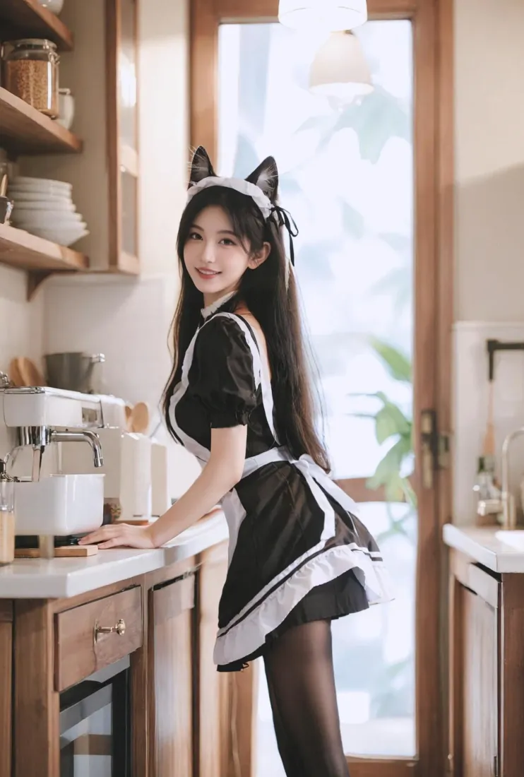 猫耳女仆手机壁纸｜厨房背景图片 - 黑丝美女「哲风壁纸」