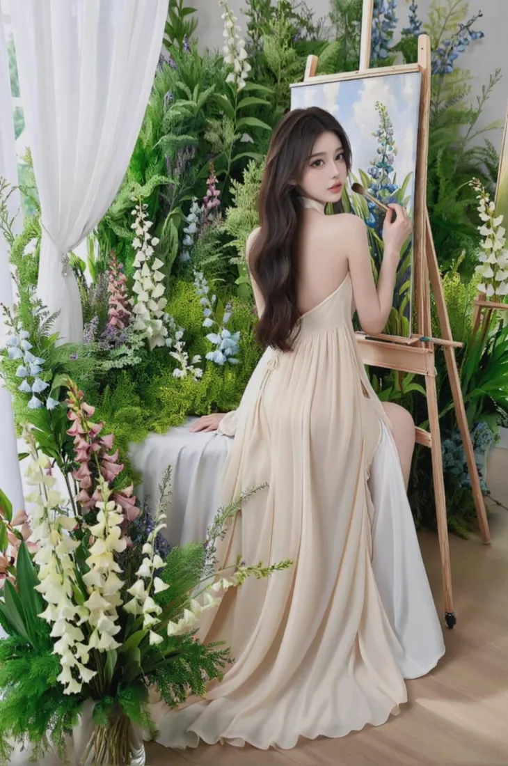 氛围感美女手机壁纸｜绿植花园背景图片 - 露背长裙「哲风壁纸」