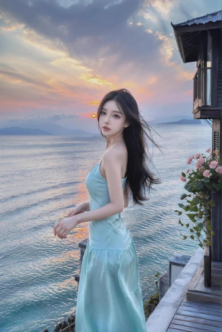 氛围感美女手机壁纸｜海边日落背景图片 - 浅蓝吊带裙「哲风壁纸」