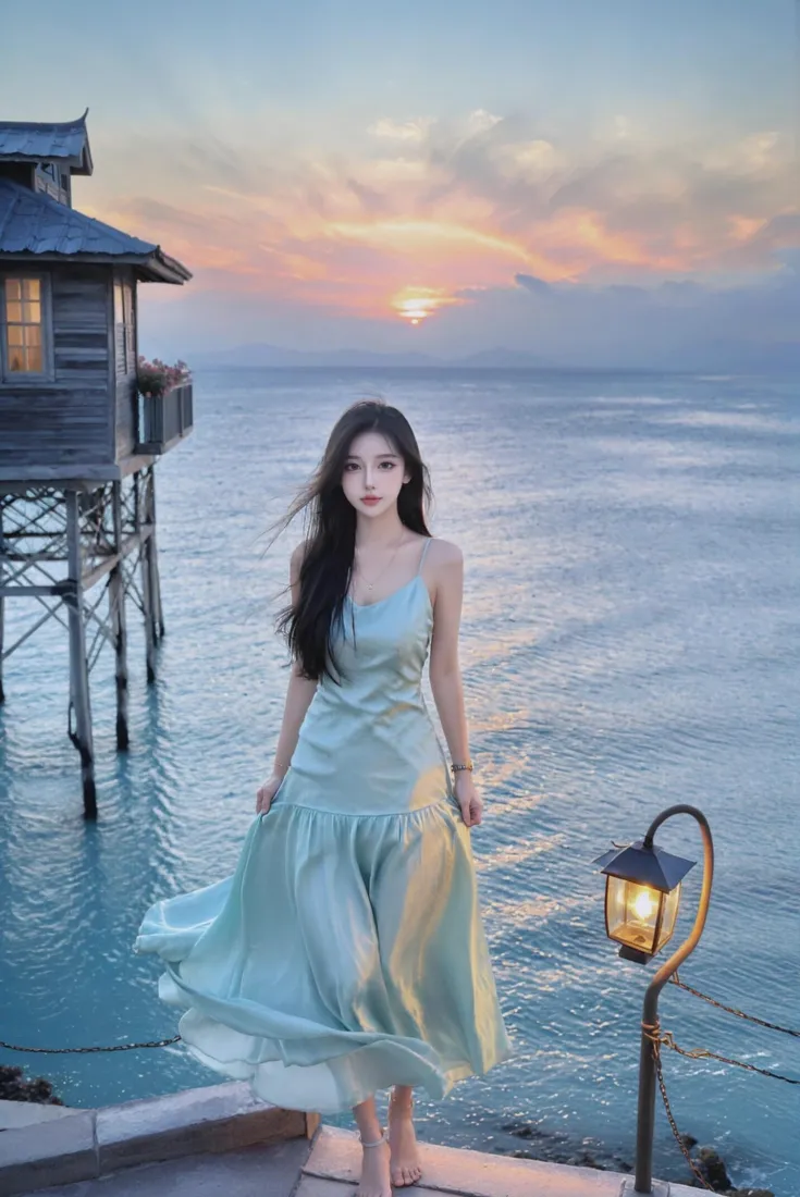 氛围感美女手机壁纸｜海边日落背景图片 - 温柔清冷「哲风壁纸」