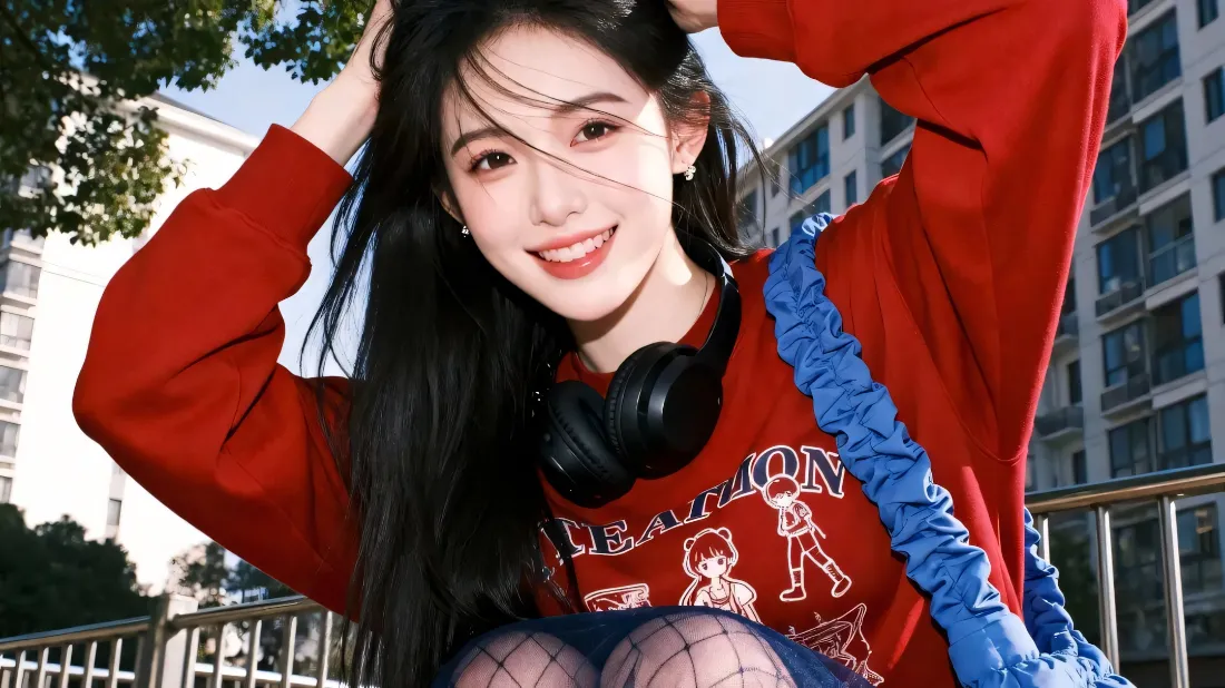 2k红衣美女壁纸｜明媚户外背景图片 - 甜美长发女生「哲风壁纸」