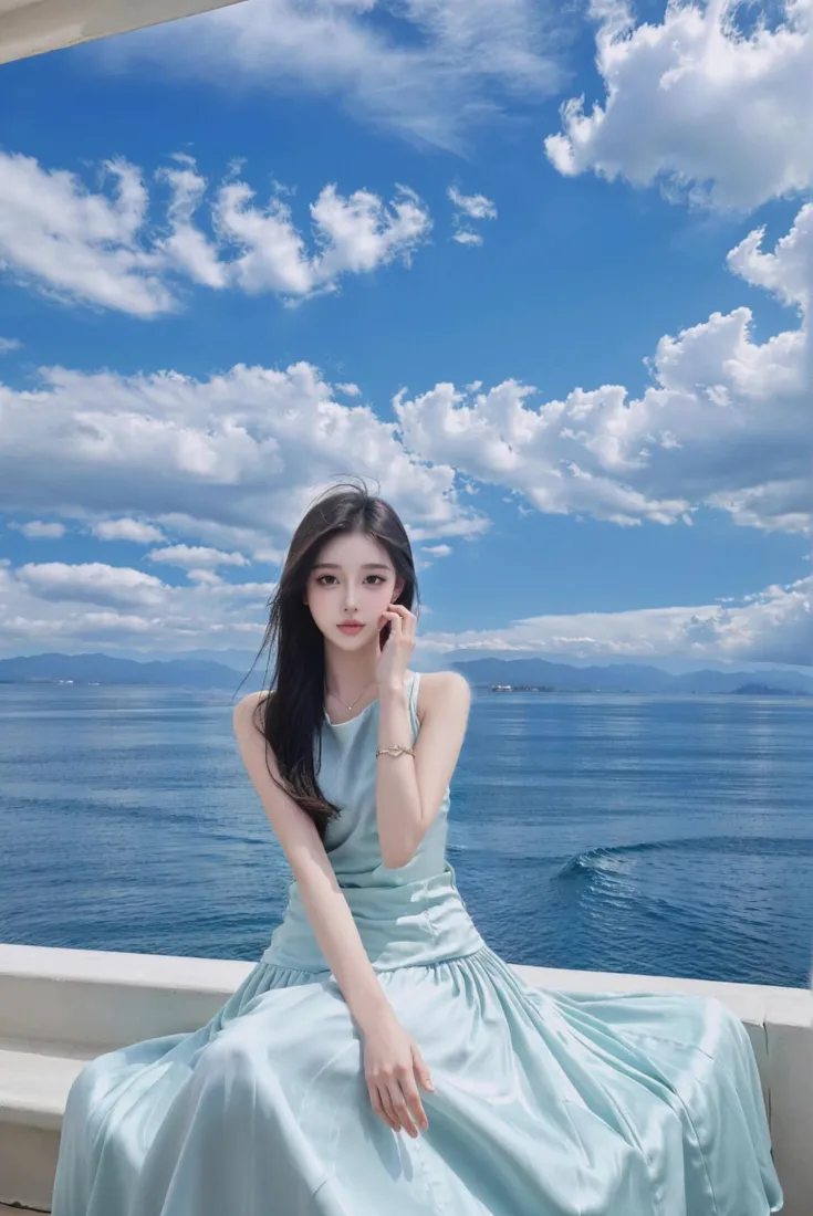 海边美女手机壁纸｜蓝天背景图片 - 夏日清新「哲风壁纸」