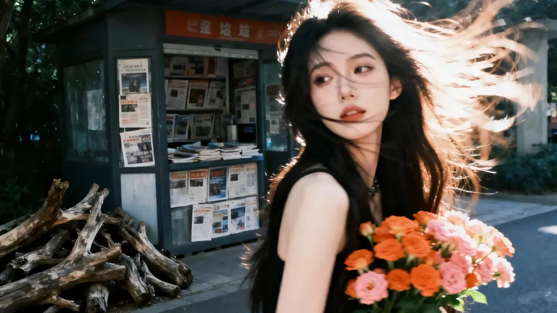 2k长发美女壁纸｜街头背景图片 - 手捧花束「哲风壁纸」