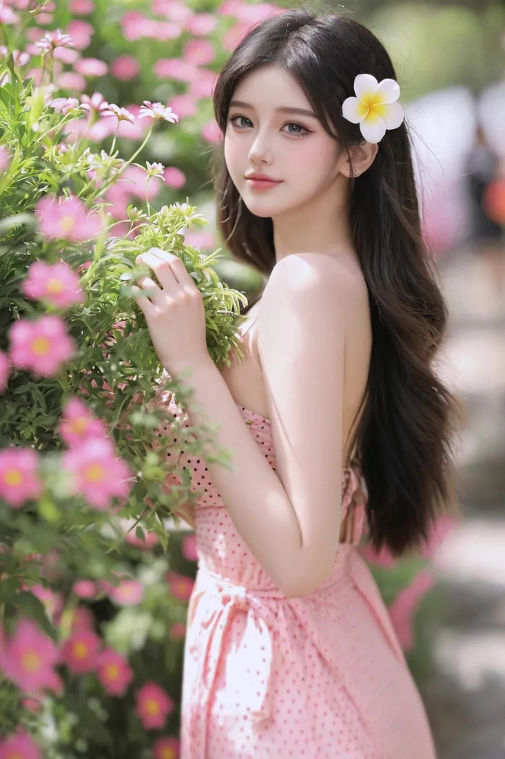 长发美女手机壁纸｜户外花丛背景图片 - 清新「哲风壁纸」