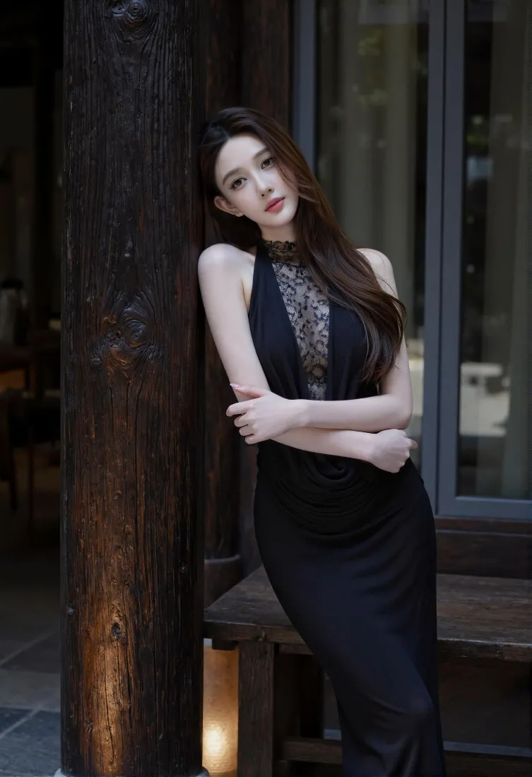 性感御姐手机壁纸｜街头背景图片 - 黑色蕾丝长裙「哲风壁纸」