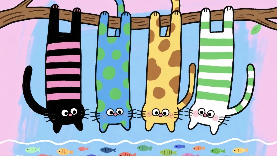 2k长条猫壁纸｜卡通背景图片 - 可爱挂枝猫咪「哲风壁纸」