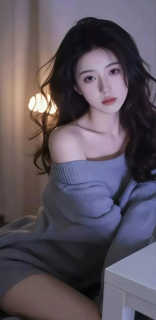 纯欲黑发氛围感美女手机壁纸｜室内背景图片 - 蓝色露肩穿搭「哲风壁纸」