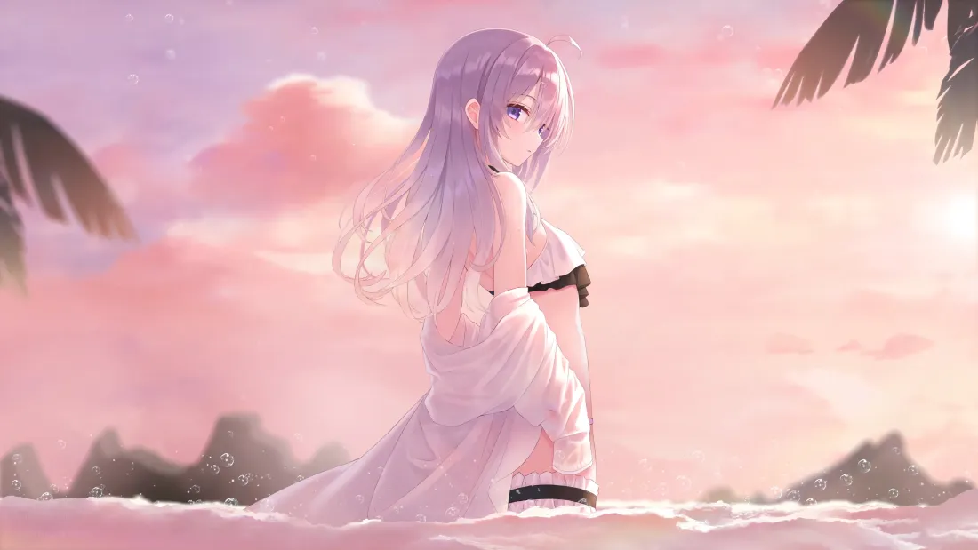 4k伊莲娜壁纸｜海边日落背景图片 - 紫发美女「哲风壁纸」