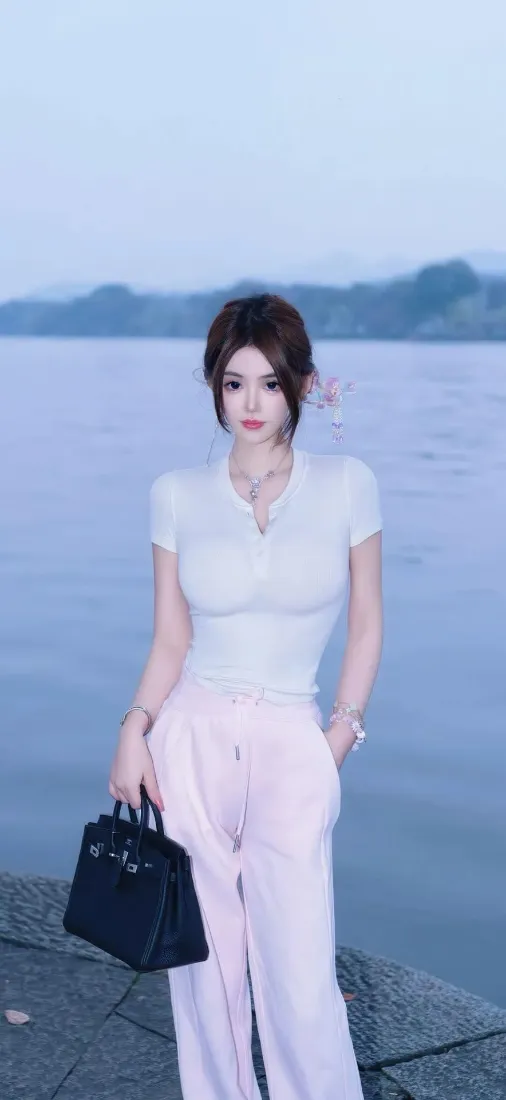 气质美女手机壁纸｜湖边背景图片 - 休闲穿搭「哲风壁纸」