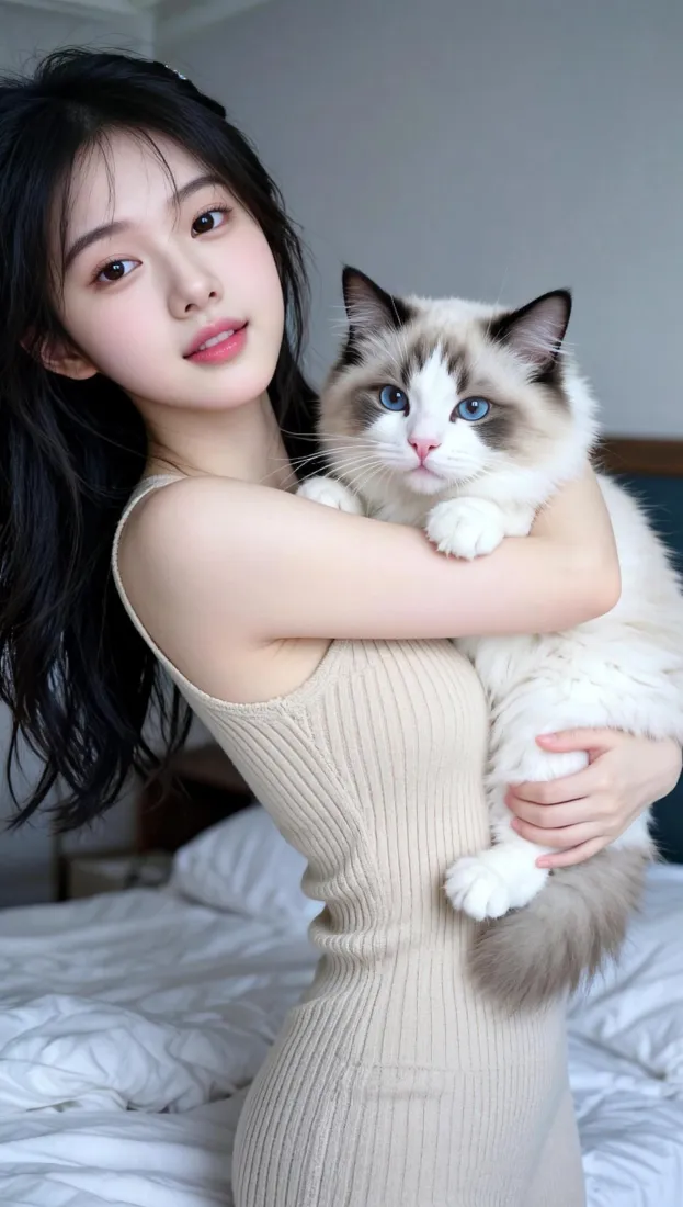 美女手机壁纸｜居家背景图片 - 抱猫少女「哲风壁纸」