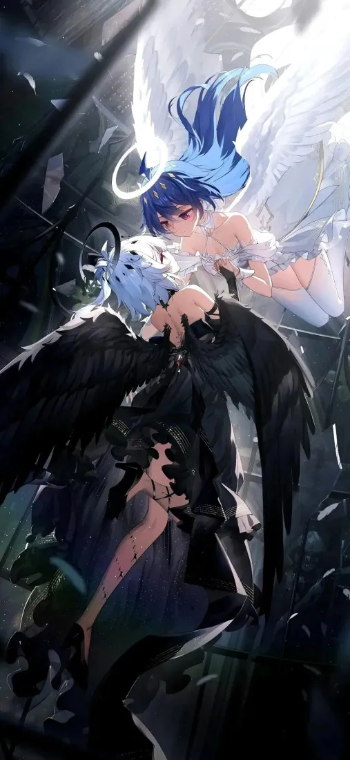 黑白天使手机壁纸｜二次元背景图片 - 蓝发少女「哲风壁纸」