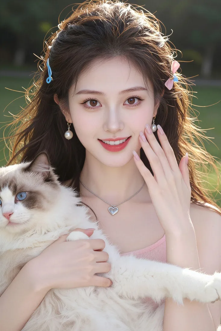 清纯美女手机壁纸｜户外草坪背景图片 - 抱布偶猫「哲风壁纸」