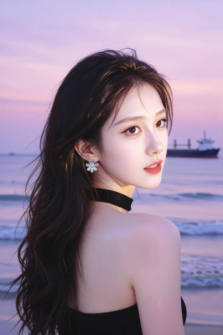 黑裙长发美女手机壁纸｜海边背景图片 - 黄昏暮色「哲风壁纸」