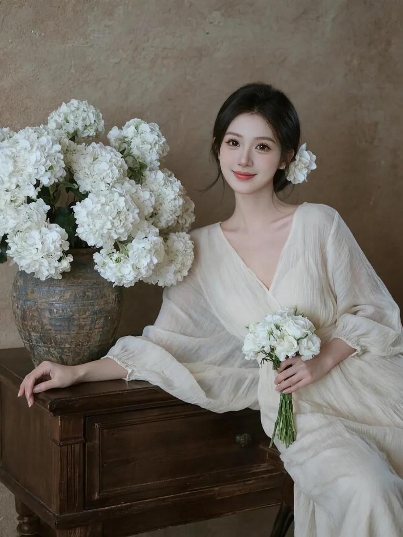 气质美女手机壁纸｜复古风背景图片 - 白色绣球花「哲风壁纸」