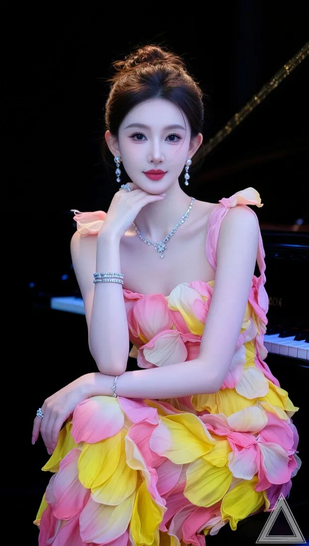 气质美女手机壁纸｜黑色背景图片 - 粉黄花瓣礼服「哲风壁纸」