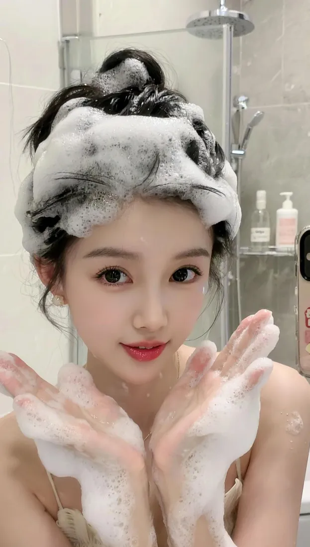 清纯少女手机壁纸｜浴室背景图片 - 洗发泡沫「哲风壁纸」