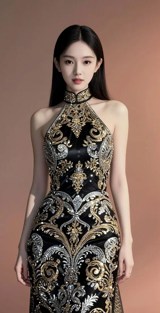 气质长发美女手机壁纸｜简约暖棕背景图片 - 黑金礼服「哲风壁纸」