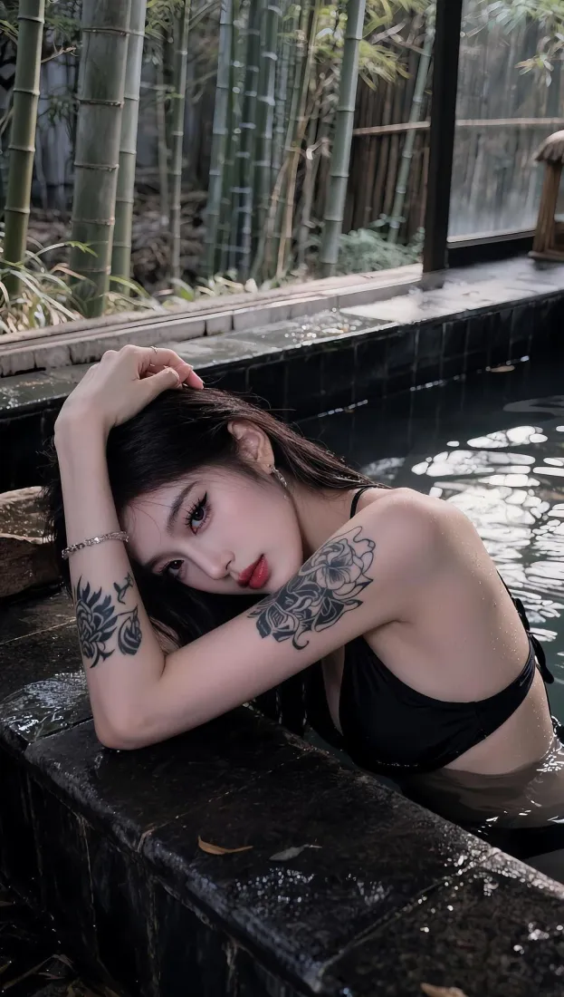 纹身美女手机壁纸｜户外温泉背景图片 - 竹林「哲风壁纸」