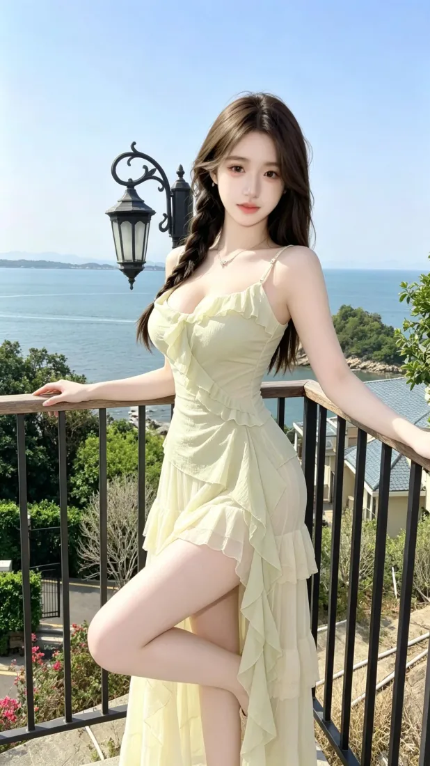 清纯美女手机壁纸｜海边背景图片 - 浅黄吊带裙「哲风壁纸」