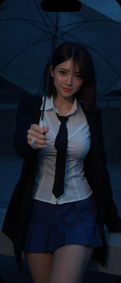 JK制服美女手机壁纸｜雨夜撑伞背景图片 - 手机「哲风壁纸」