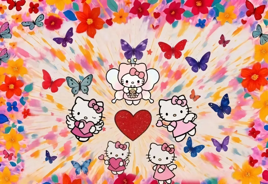 2k凯蒂猫壁纸｜花朵背景图片 - 彩色蝴蝶「哲风壁纸」