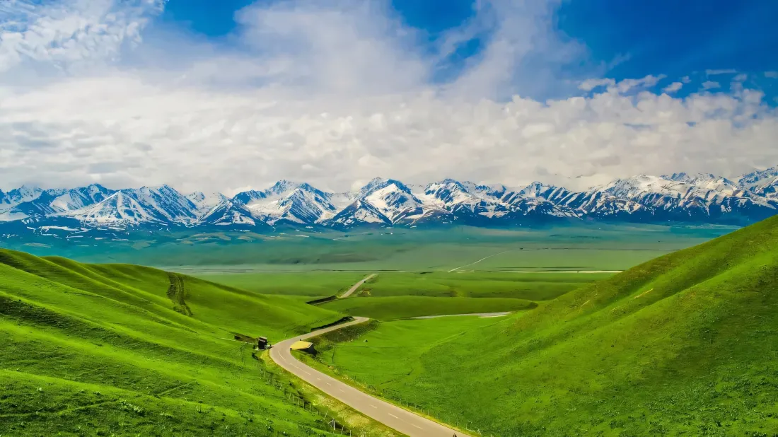 2k雪山壁纸｜草原背景图片 - 晴空下的远山公路「哲风壁纸」