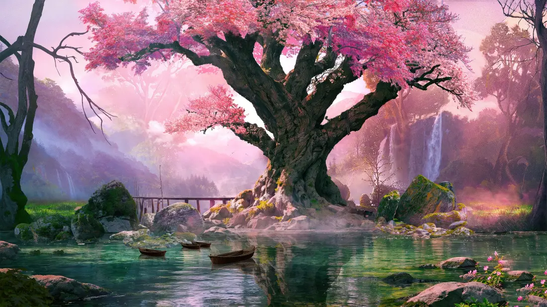 4k樱花树壁纸｜河流背景图片 - 梦幻风景「哲风壁纸」