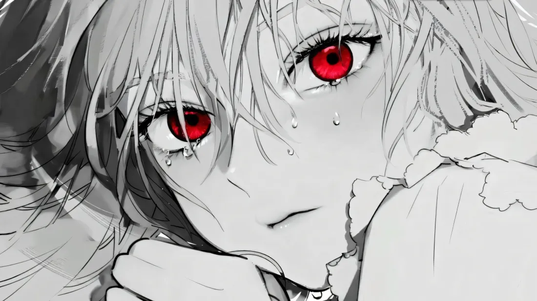 3k红瞳少女壁纸｜黑白背景图片 - 汗水落泪「哲风壁纸」