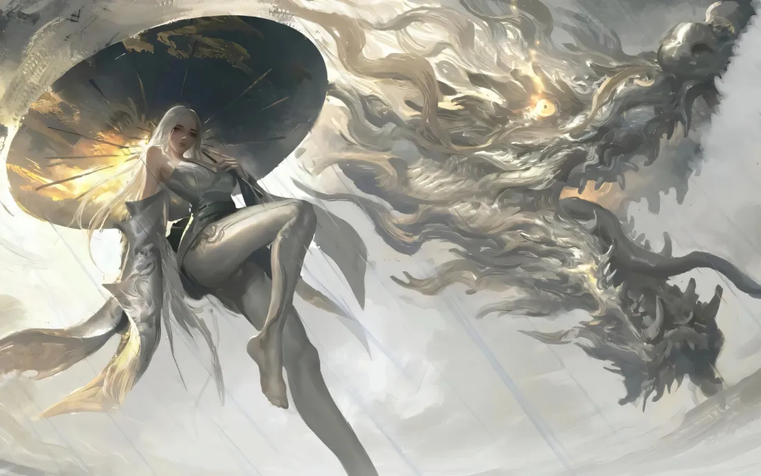 3k白发龙女壁纸｜国风背景图片 - 白龙撑伞「哲风壁纸」