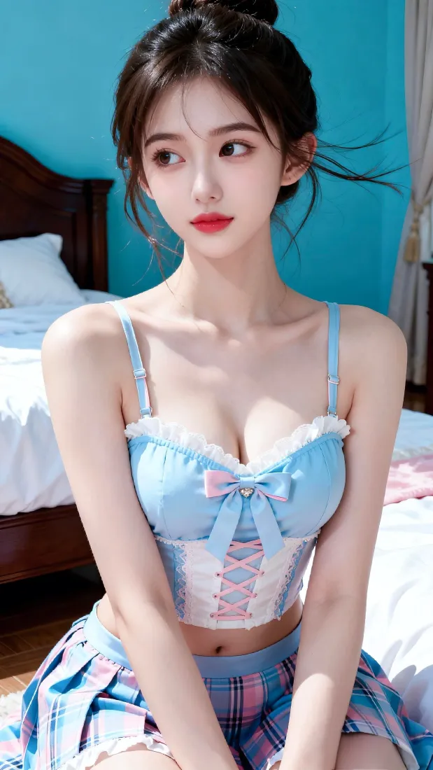 清纯美女手机壁纸｜卧室背景图片 - 蓝色格子穿搭「哲风壁纸」