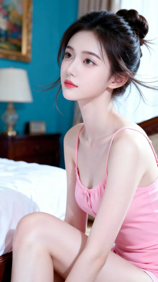 清纯美女手机壁纸｜室内背景图片 - 粉色吊带「哲风壁纸」