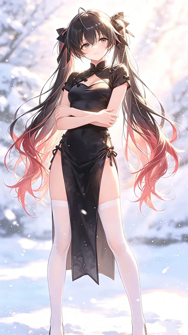 胡桃手机壁纸｜雪地背景图片 - 黑旗袍少女「哲风壁纸」