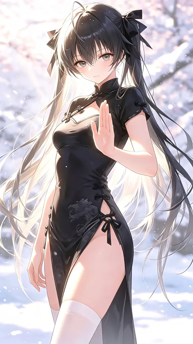 黑旗袍双马尾手机壁纸｜手机背景图片 - 二次元少女「哲风壁纸」