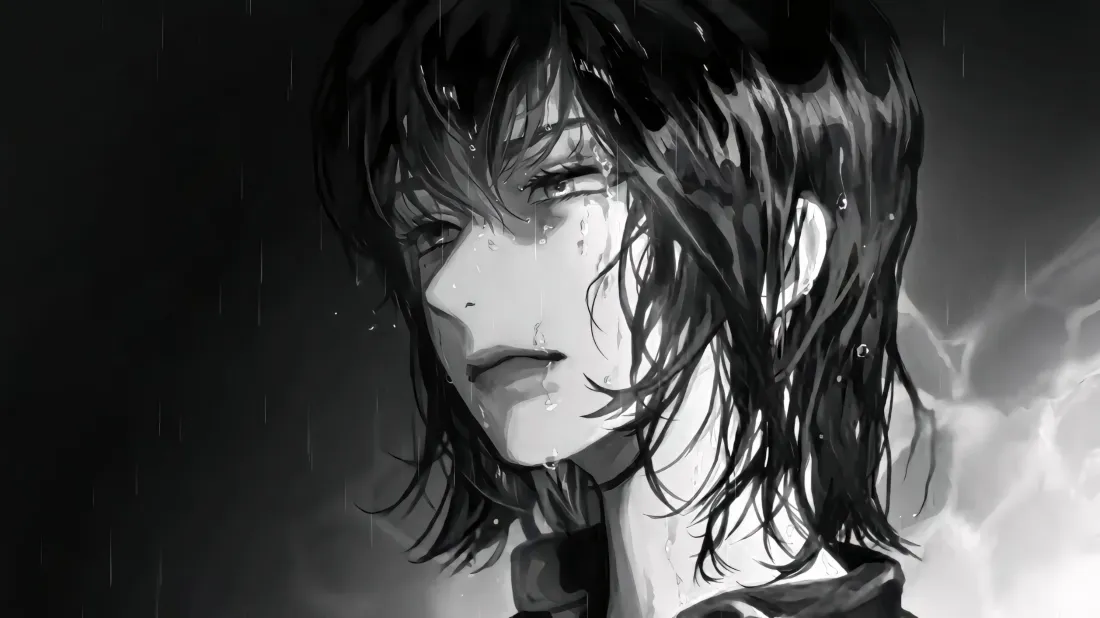 3k雨中少年壁纸｜黑白雨幕背景图片 - 阴郁氛围感「哲风壁纸」